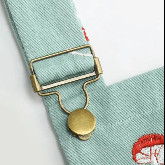 New Cider Blue Mushroom Embroidered Vintage Overalls Shorts Playsuit - Picture 3 of 8